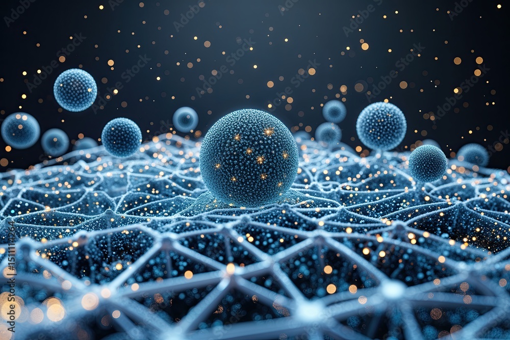 Poster advanced web design showcasing micro particles and technological ecosystem integration