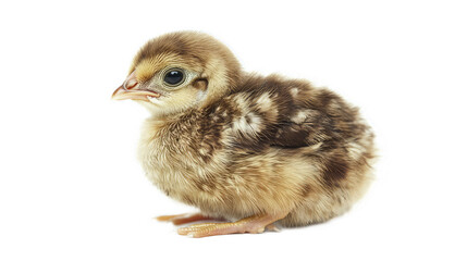 Cute fluffy chick on a white background, close-up view