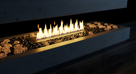 Elegant Ethanol Fireplace Surrounded by Decorative Stones and Reflective Light