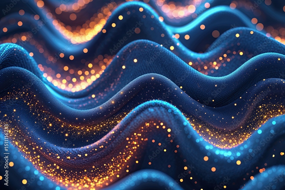 Poster three dimensional wave texture in particle fabric design with vibrant glowing effects