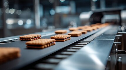 Modern bakery line with cookies red jam and chocolate Food industry and biscuit production on conveyor with texture