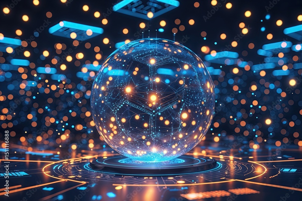 Poster innovative information ecosystem with illuminated particles and advanced digital communication syste