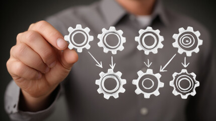 Businessman drawing gears as a symbol of digital process automation.