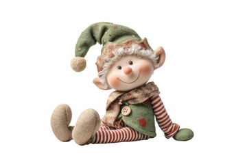 PNG Cute smiling christmas elf doll with green hat and striped outfit sitting