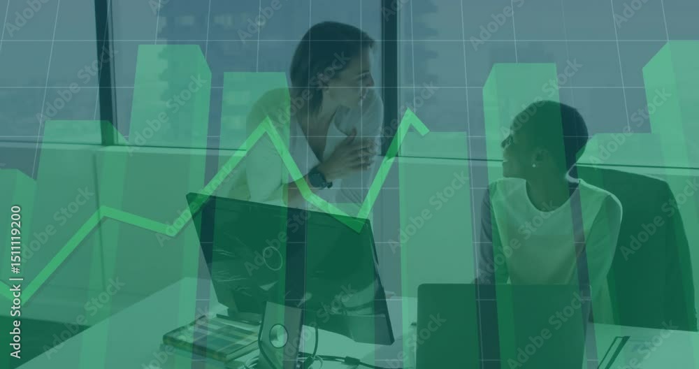 Aufkleber business team leaning over laptop comparing data as green chart appears with pulsing line graph