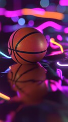 Fototapeta premium A neon basketball is on a beach with neon lights surrounding it. The ball is the main focus of the image, and the neon lights create a vibrant and energetic atmosphere