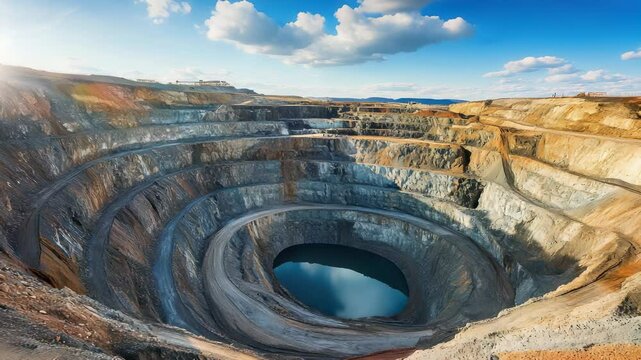 Bingham Canyon Mine, Utah: Aerial View of Open-Pit Copper Mine with Terraced Walls and Water-Filled Bottom Under Blue Sky