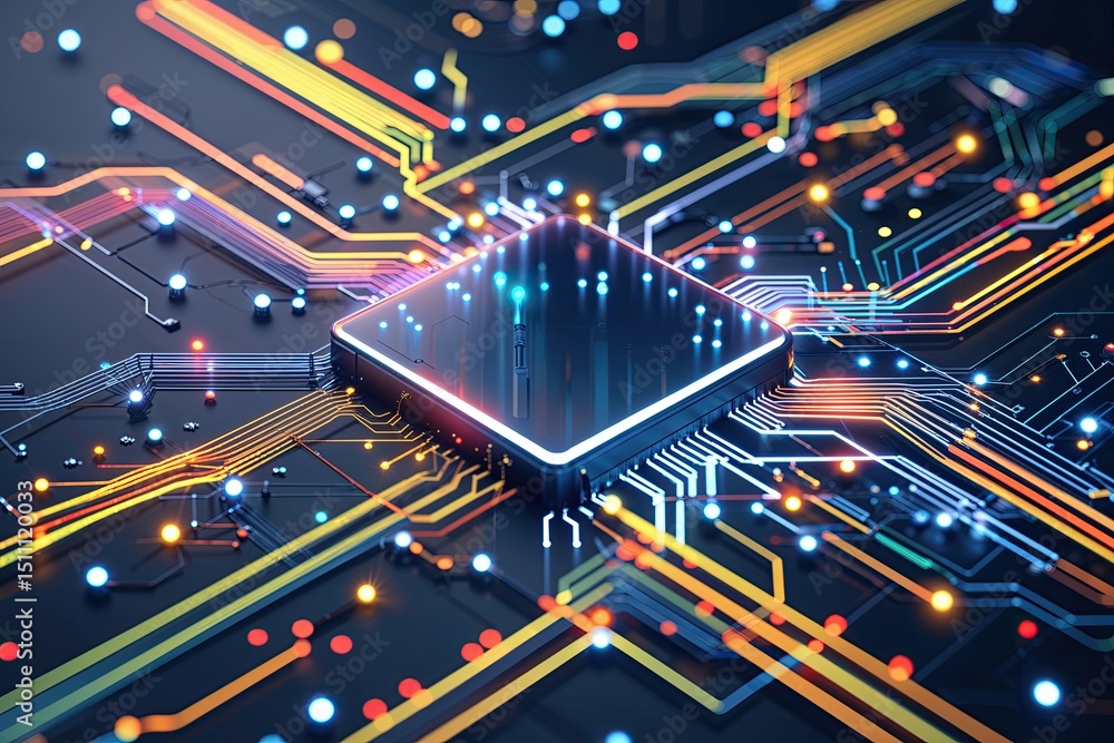 Poster modern electronic circuit visualization featuring dynamic lines and dots
