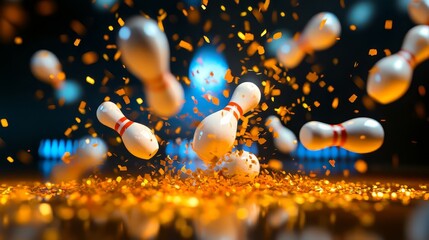A bowling ball is in the air with a bunch of gold glitter on the ground. There are two bowling balls in the air