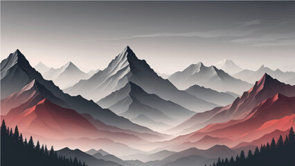 a minimalist vector illustration of layered mountain ranges in grayscale. The design should feature soft gradients and overlapping silhouettes to convey depth, with the closest mountains in dark 

