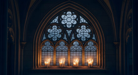 Fototapeta premium Illuminated Gothic Archway With Ornate Details And Candlelit Ambiance