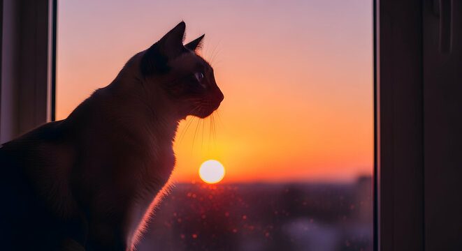 Siamese Cat Silhouette Gazing at a Vibrant Window Sunset Contemplation