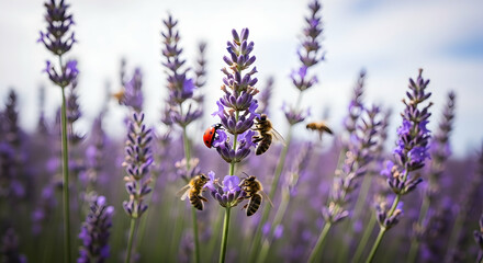 Obraz premium Lavender Field Harmony: Bees and Ladybug Gathering Nectar on a Floral Meadow