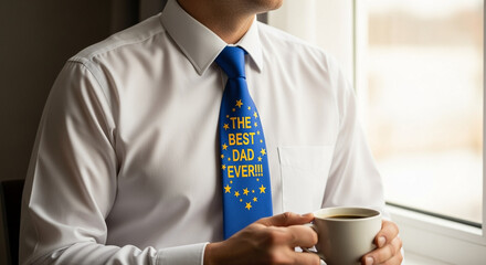 Man with coffee wearing father's day tie looking out window