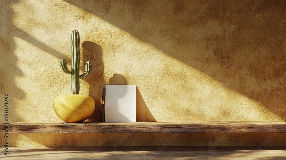 Poster a desert-themed display with a cactus and blank canvas.