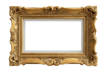 PNG Ornate empty gold frame with intricate floral detailing on black background