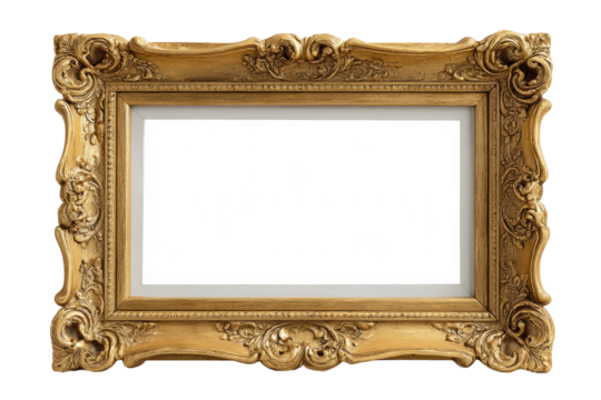 PNG Ornate empty gold frame with intricate floral detailing on black background