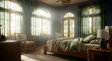 Fototapeta premium Tropical Bedroom With Natural Light And Palm Leaf Patterned Accents