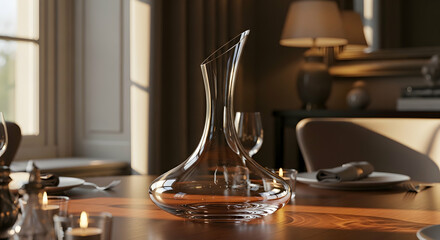 Elegant Wine Decanter Adorned on Polished Wood Tabletop at Restaurant