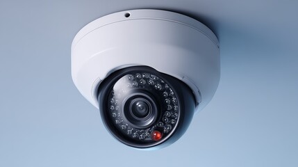 White professional CCTV with LED ring lens mounted on ceiling Technology for security surveillance Neutral light blue background with space for text