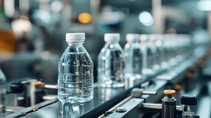 Glass bottles capped on conveyor in drink plant Beverage industry with labeling tech Isolated production background