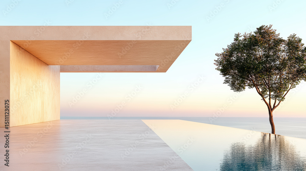 Poster minimal rooftop design with serene water edge and tree, creating tranquil atmosphere