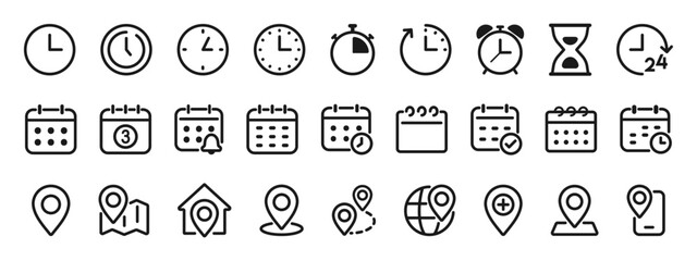 Time, date and location line icon set. Clock, event calendar, location pin, place pointer, business schedule signs. Vector illustration. Editable stroke.