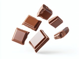 Levitating dark chocolate chunks isolated on white background. Broken chocolate bar pieces flying and cocoa crumbs explotion. Chocolate flakes and chips Top view. Flat lay.