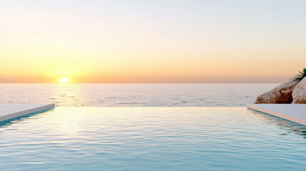 Fototapeta premium Serene infinity pool at sunset, reflecting vibrant colors of sky and ocean