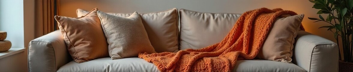 Obraz premium Cozy living room scene featuring a plush couch draped with a warm knit throw blanket, perfect for a winter's day Soft lighting and inviting atmosphere , warm, soft