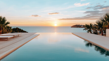 Luxurious infinity pool overlooking ocean at sunset, creating serene atmosphere