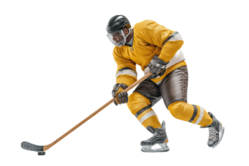 PNG Young african male playing ice hockey in yellow jersey and helmet