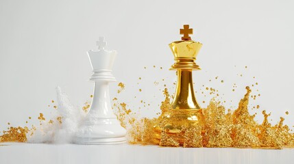 Gold and white chess kings in a dramatic splash.