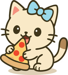 A cute vector cat eating a pizza slice