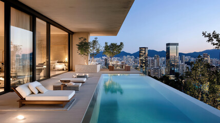 Obraz premium Luxurious infinity pool overlooking city skyline dusk, with modern architecture and serene