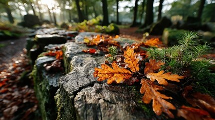 Obraz premium Autumn Leaves on Rustic Log in Forest: Vibrant Fall Foliage and Nature's Beauty