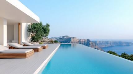 Fototapeta premium Luxurious villa with infinity pool overlooking scenic coastline and mountains. Relaxing