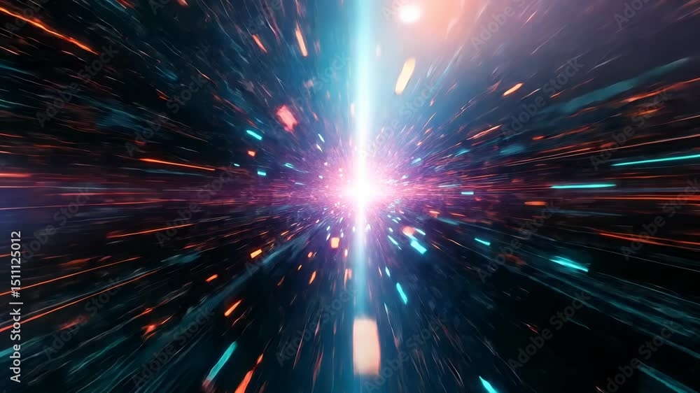 Poster seamless flight through a futuristic digital tunnel with orange and blue light streaks converging to