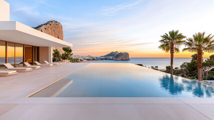 Fototapeta premium Luxurious infinity pool overlooking beach at sunset, surrounded by palm trees and mountains