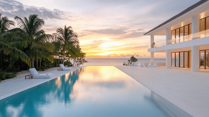 Fototapeta premium Luxurious modern villa with serene pool reflecting sunset tones over ocean