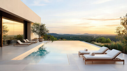 Fototapeta premium Luxurious infinity pool with loungers, serene sunset view, modern architecture