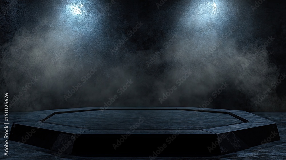 Poster dark octagonal platform illuminated by spotlights in a dimly lit room.