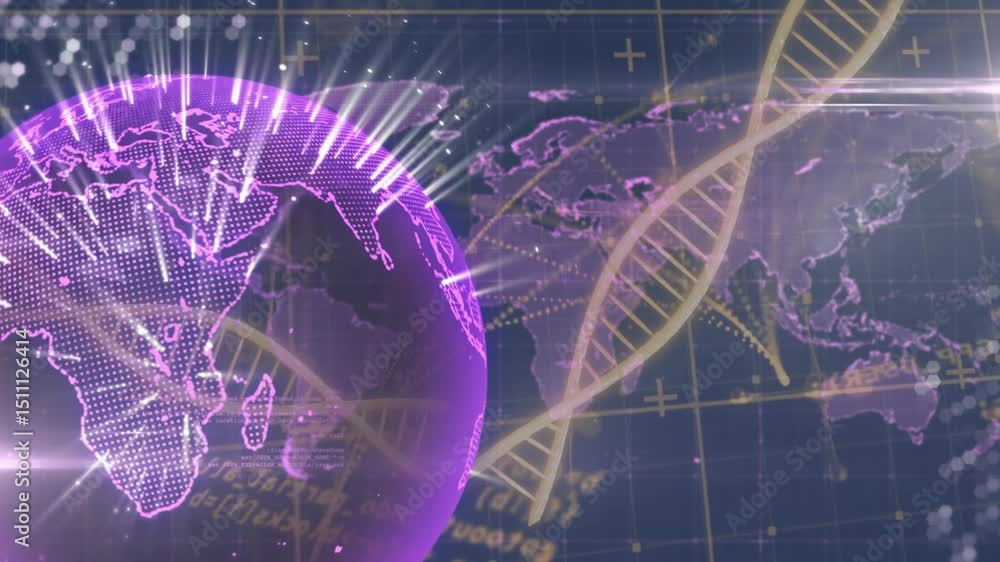 Aufkleber opening digital grid showing purple globe pulsing streaks while golden helix weaving scanning data