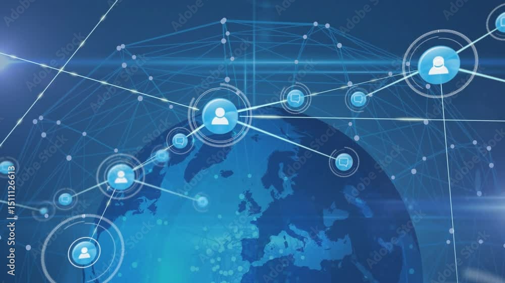Poster 3d globe emerging causing user-icon spawning, linking data nodes, visualizing global connectivity