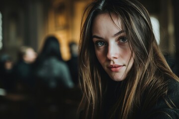 Fototapeta premium A woman with long brown hair and blue eyes looking at the camera