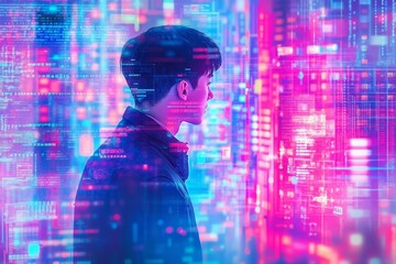 Fototapeta premium A man standing in front of a city with a futuristic background