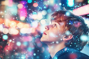 Naklejka premium A young boy looking up at the night sky with colorful lights