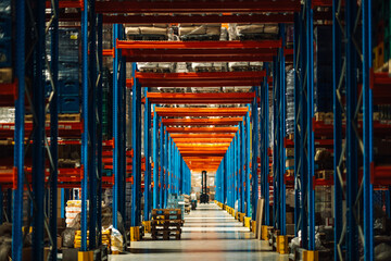 Forklift moving in large industrial warehouse with tall shelves full of goods