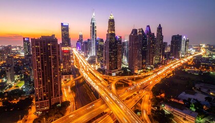 Obraz premium Golden light illuminates a sprawling cityscape at dusk, showcasing the urban transportation system