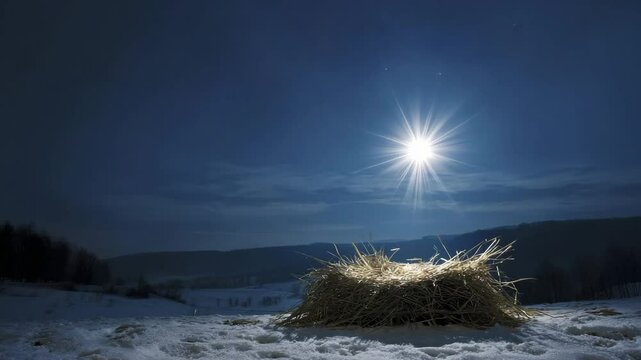 Straw-filled manger sits alone in a quiet snow-covered field beneath a glowing star in the dark sky. Concept of nativity symbolism and divine anticipation
